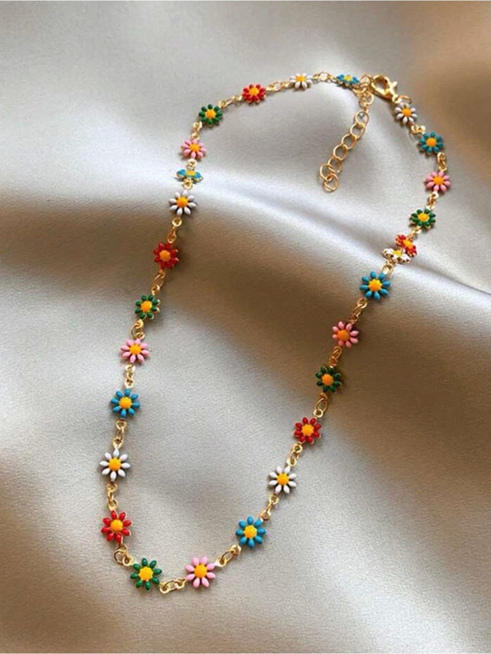 Colorful Daisy Flower Gold-Tone Chain Necklace - Picture 3 of 5